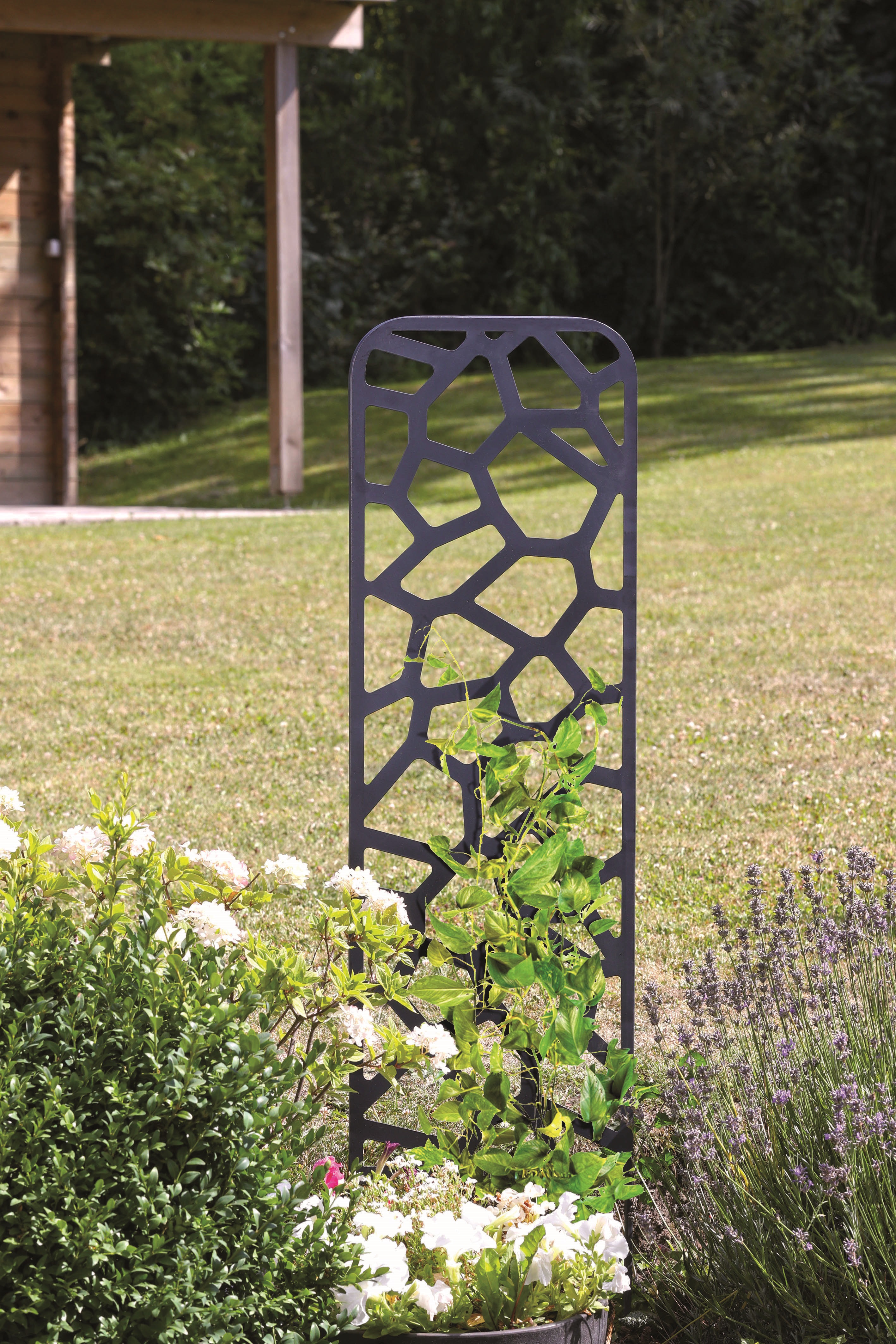 Metal planter with decorative stone motifs Stone trellis black 0,33x1,2 m