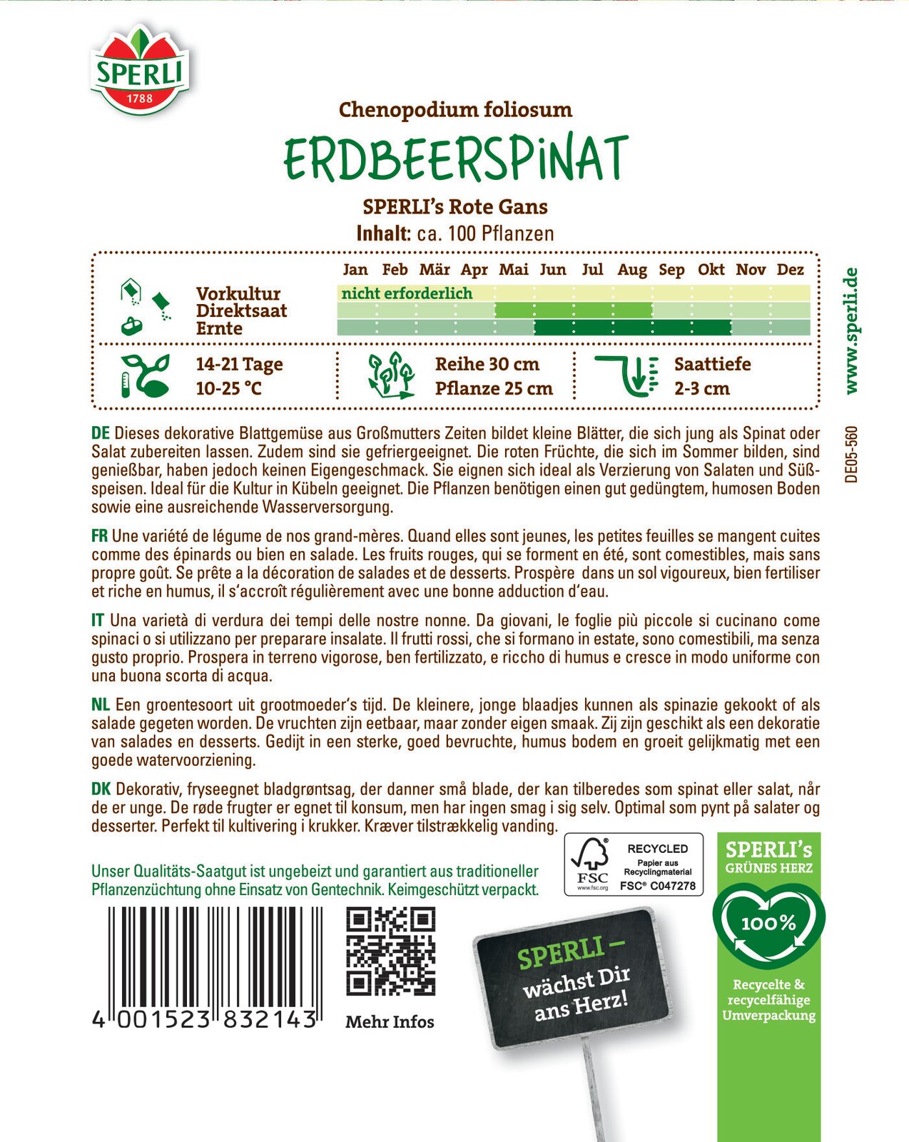 Strawberry spinach (leafy goosefoot) Rote Gans 100 grains Sperli