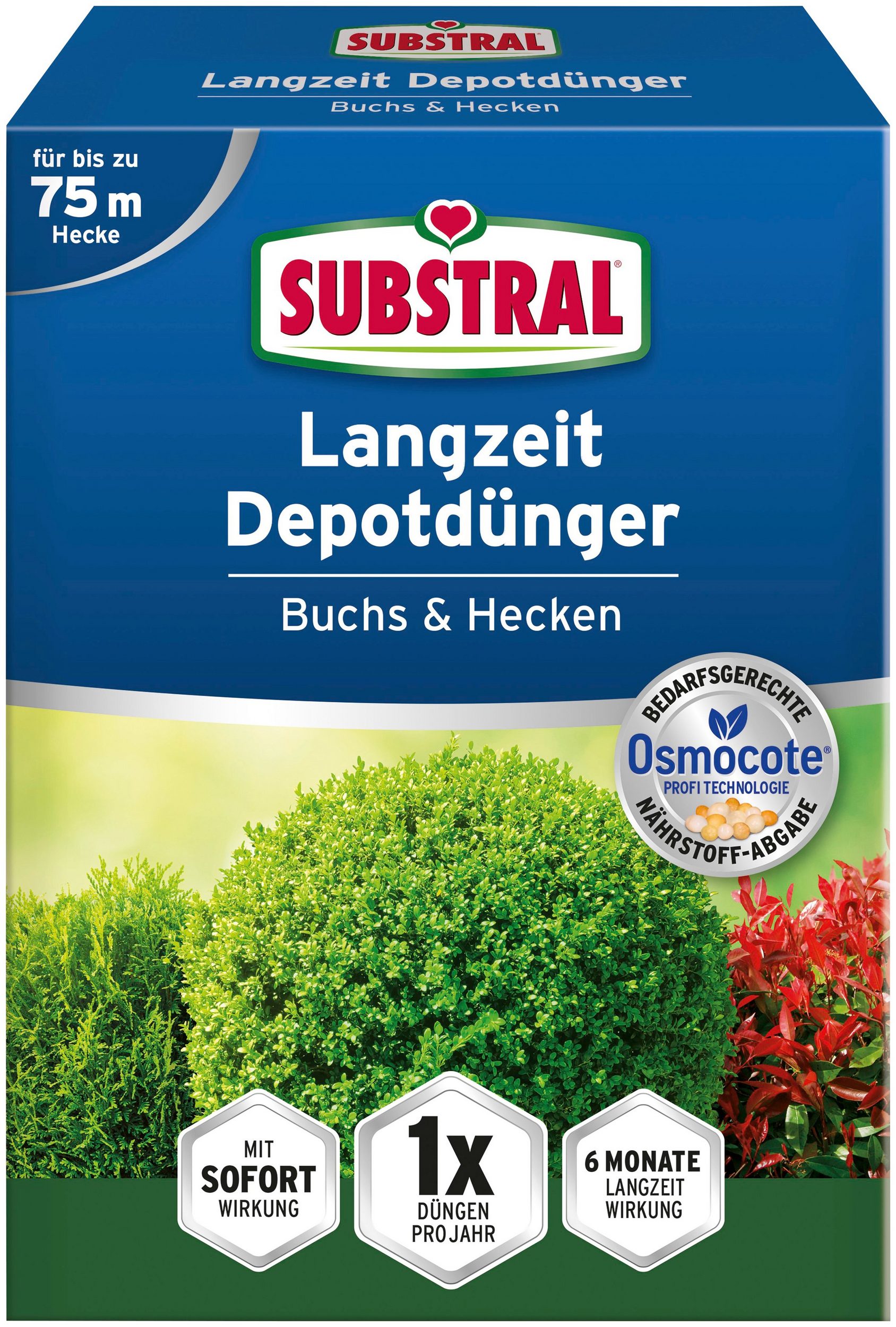 Substral Osmocote hosszú hatástartamú trágya buxus,tuják,fenyőfélék és sövénynövények számára 1,5 kg