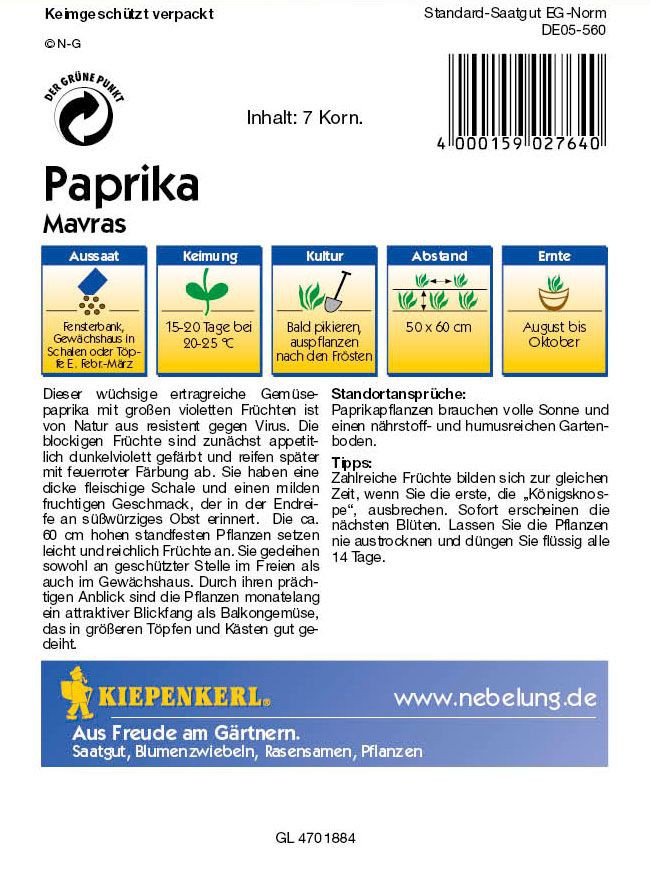 Paprika fekete Mavras F1 Kiepenkerl 7 szem