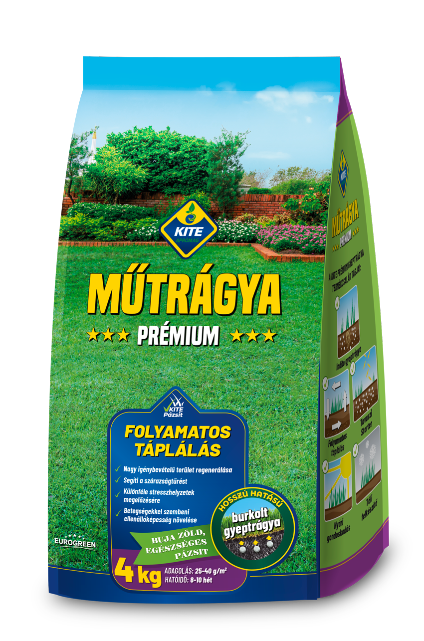 KITE Prémium Folyamatos gyepfenntartó trágya (20-5-8+4 Mg+1 Fe) 4 kg